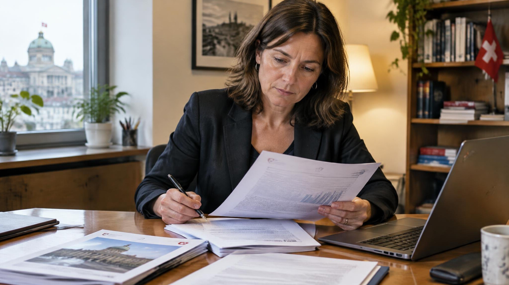 Journalist reviewing documents at her desk