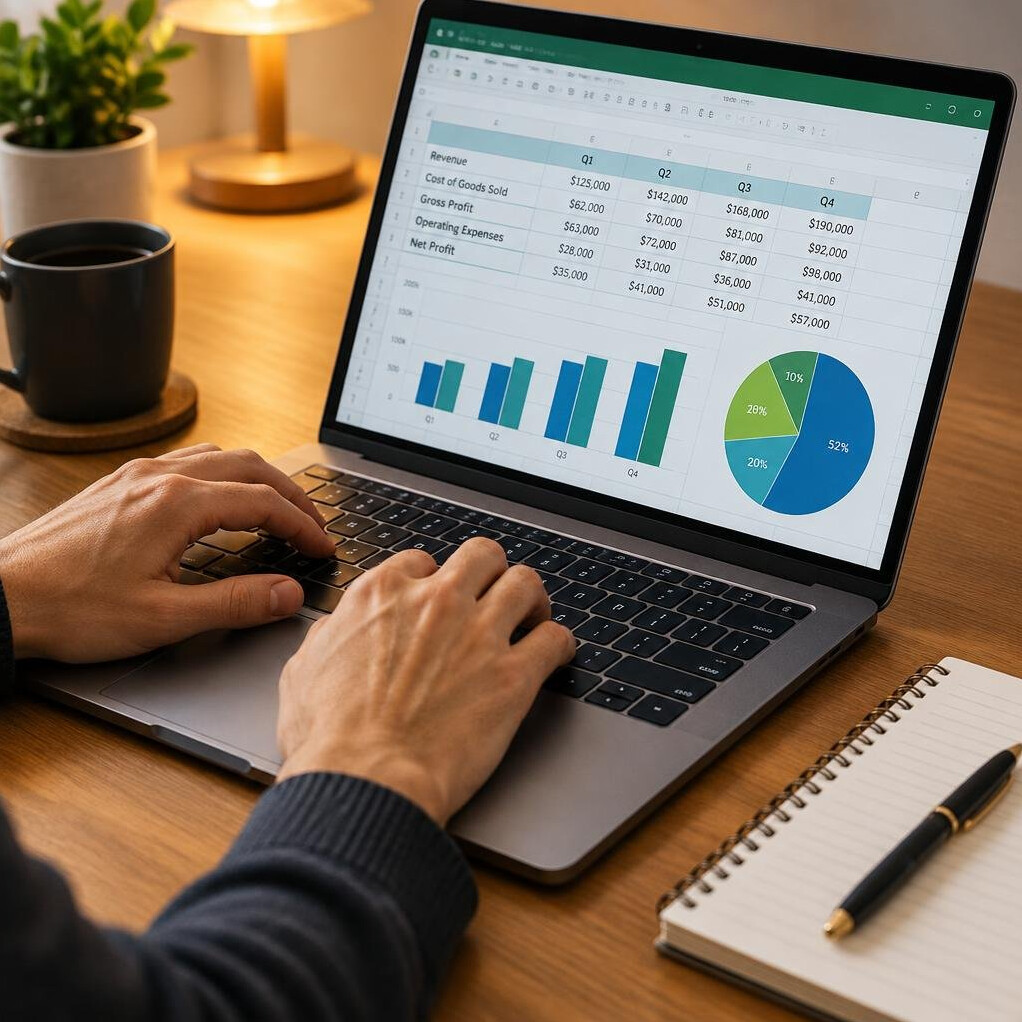 Hands typing on laptop with financial data