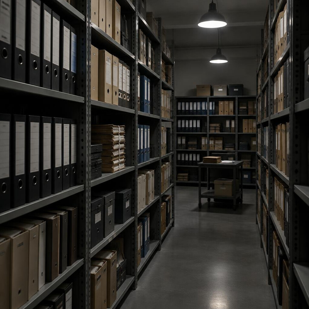 Archive room with shelves of binders