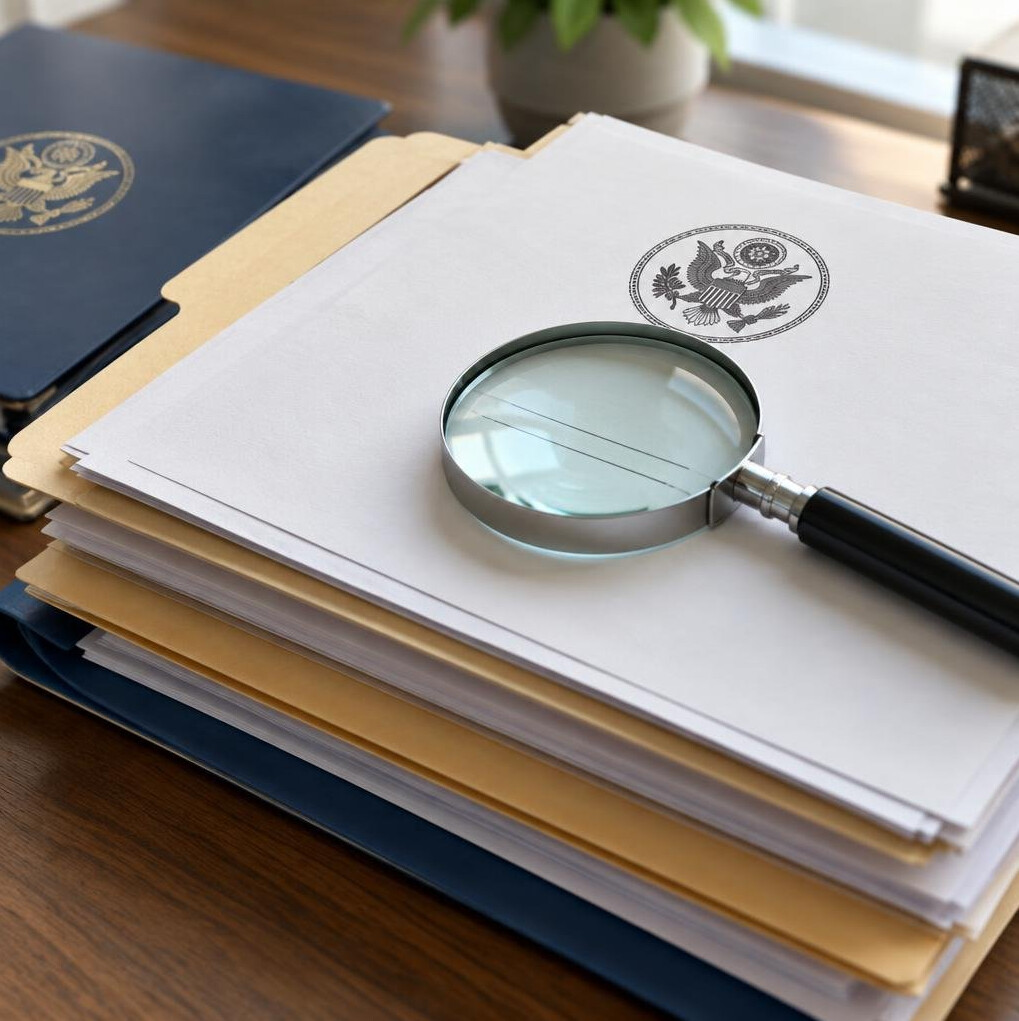 Stack of government documents with magnifying glass